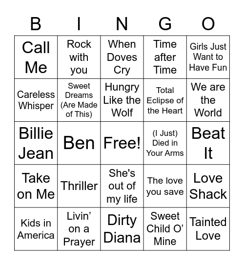 80s Music Bingo Card