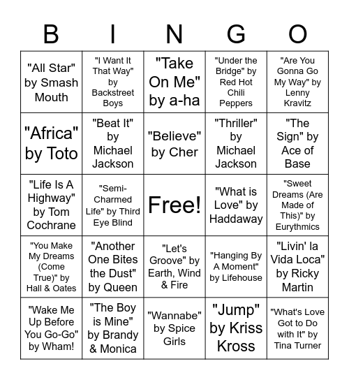 TM&L Music Bingo (80s & 90s Hits) Bingo Card