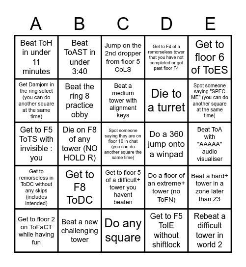 JToH bingo Card