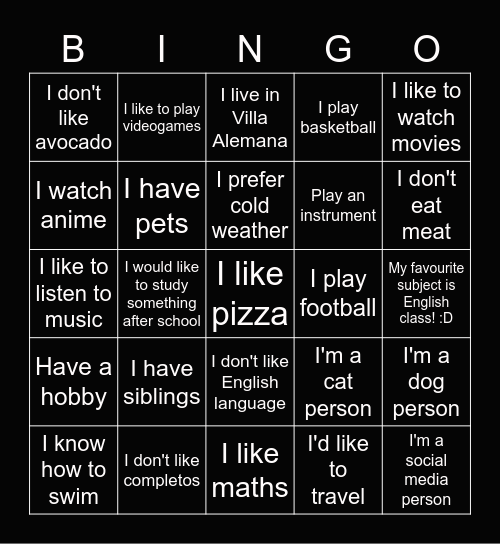 Getting to know each other Bingo Card