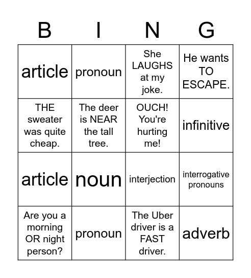GRAMMER Bingo Card