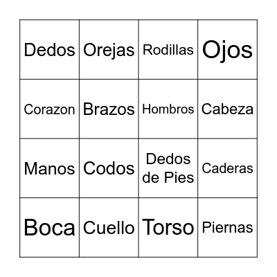 Spanish Vocab: Body Parts Bingo Card