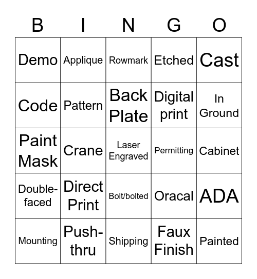 SIGNAGE TERMINOLOGY Bingo Card
