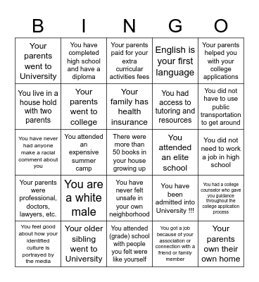 Privilege Bingo Card