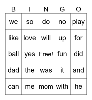 Sight Word Bingo Card