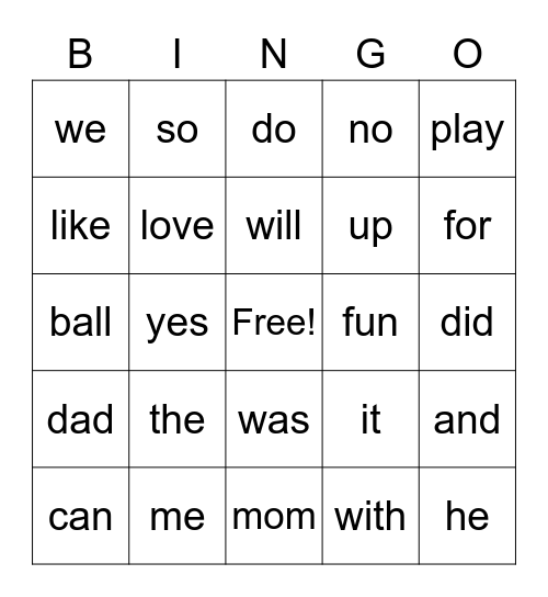 Sight Word Bingo Card