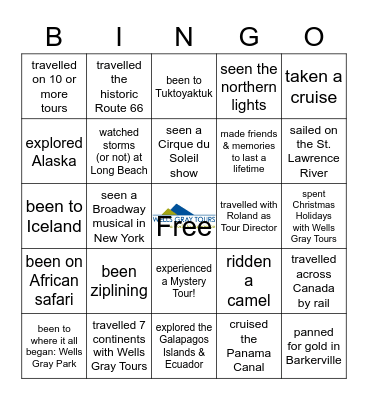 Wells Gray Tours Travel Bingo Card