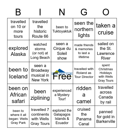 Wells Gray Tours Travel Bingo Card