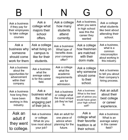 Nokomis College and Career Fair Bingo Card