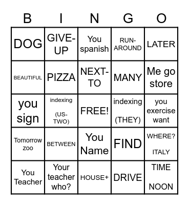 ASL GRAMMAR BINGO Card