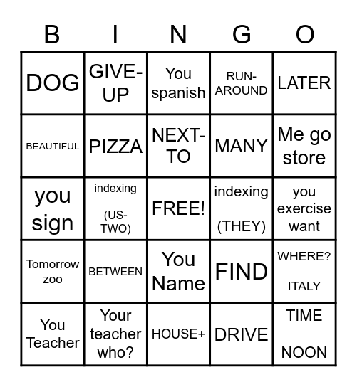 ASL GRAMMAR BINGO Card