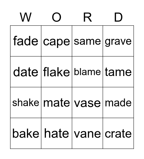 Long /a/ CVCe Bingo Card