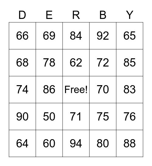 Derby Bingo Card