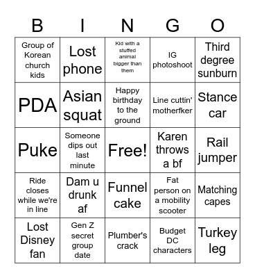 Six Flags Bongo Bingo Card