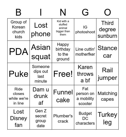 Six Flags Bongo Bingo Card