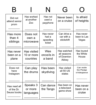 GETTING TO KNOW YOU Bingo Card