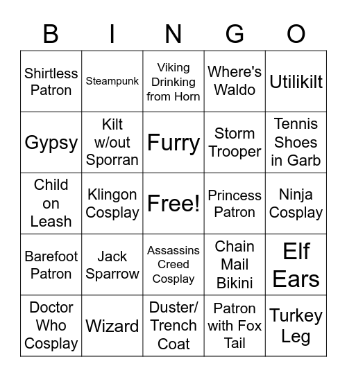 Ren Faire Bingo Card