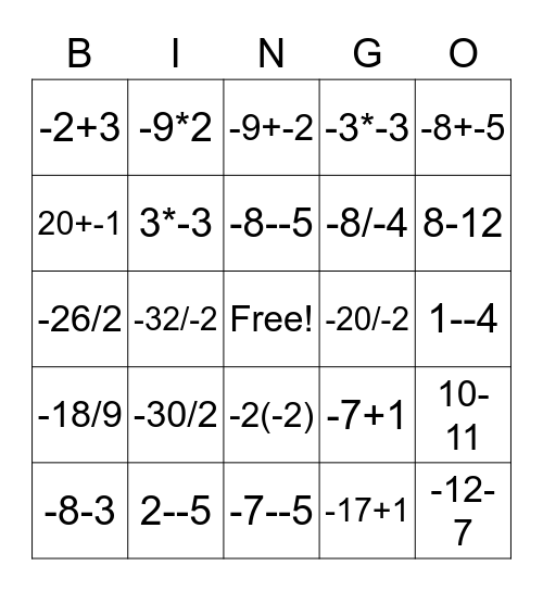 Integers (-20 to 20) BINGO Part 1 - Questions Bingo Card