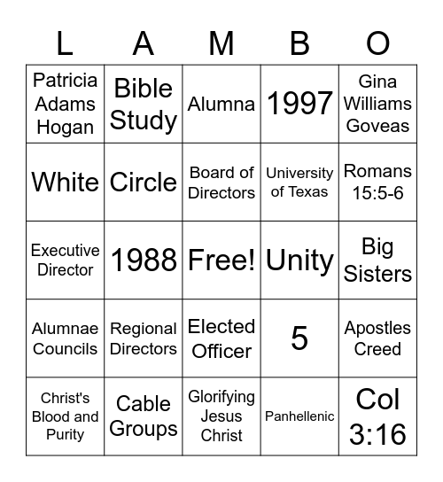 LAMBO Bingo Card