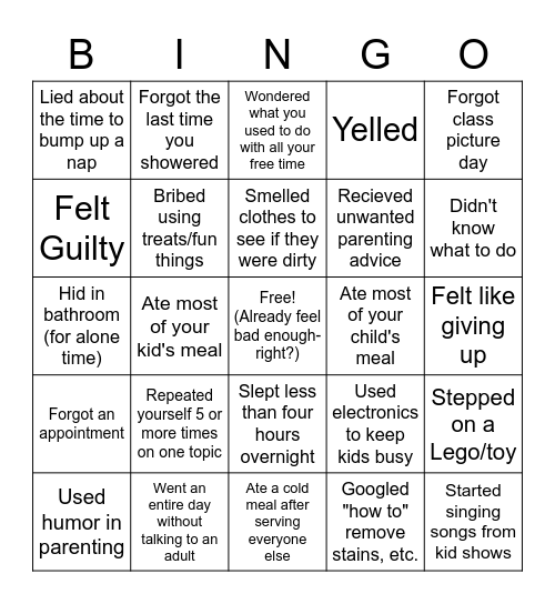 Parenting Bingo Card