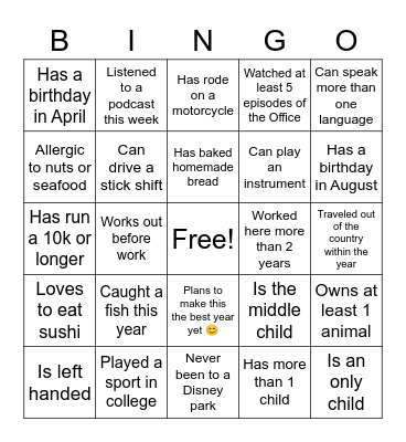 Get to know your team Bingo Card