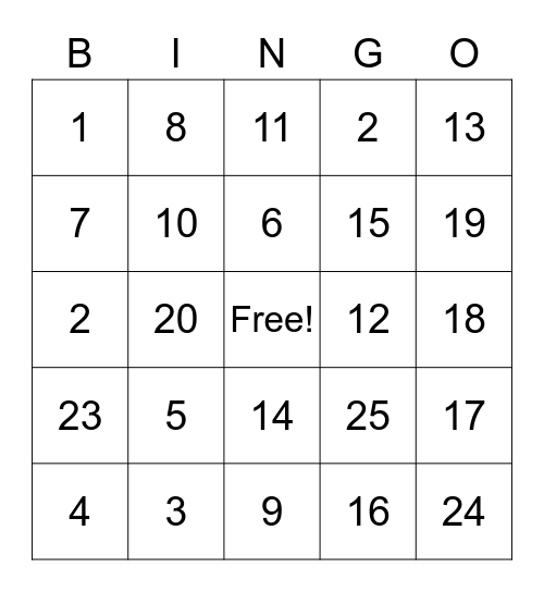 Subtraction Bingo Card