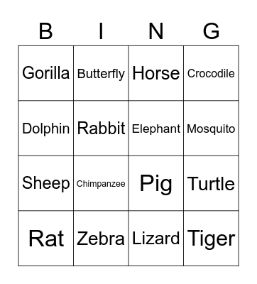 Animal Bingo Card
