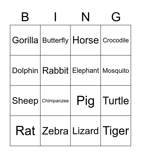 Animal Bingo Card
