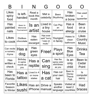 Icebreaker Bingo Card