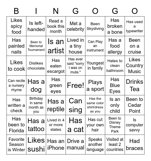 Icebreaker Bingo Card