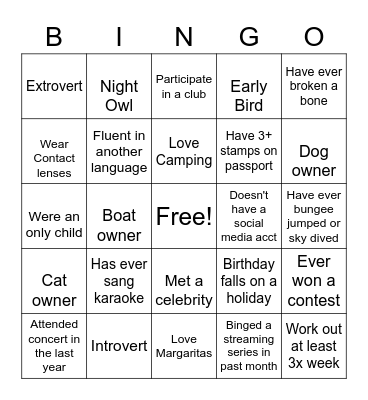 Getting to Know You Bingo Card