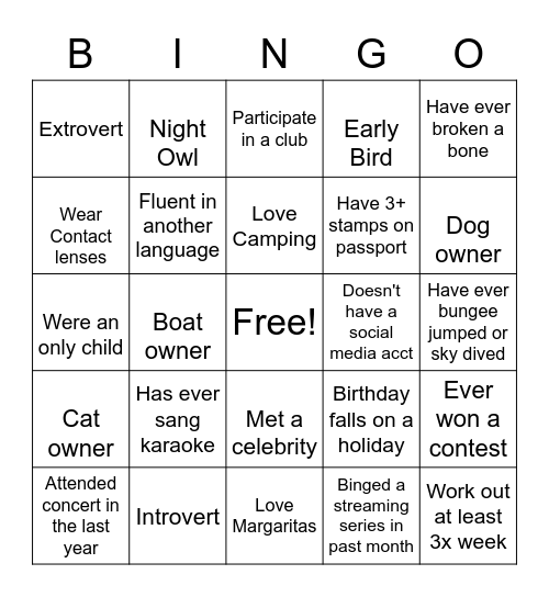 Getting to Know You Bingo Card