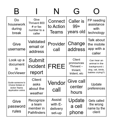 Call Center Bingo Card