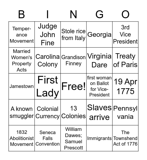 DAR Bingo Pink Bingo Card