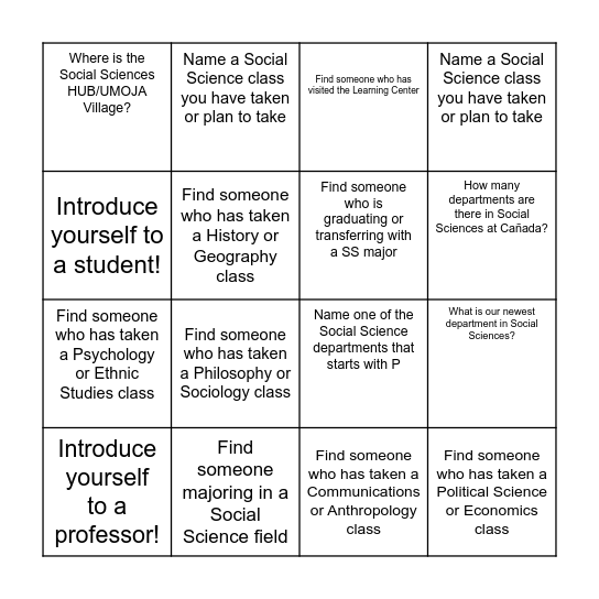 We Heart Social Sciences ice breaker Bingo Card