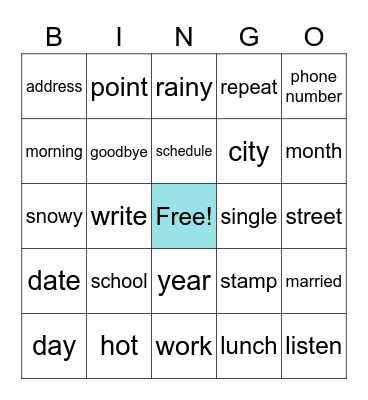 English Vocabulary Bingo Card