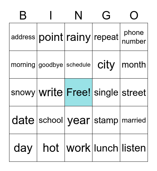 English Vocabulary Bingo Card