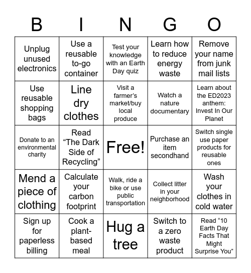 Earth Month Bingo Card