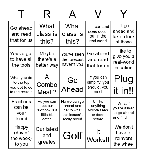 Travy Patty Bingo Card