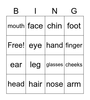 Parts of the body Bingo Card