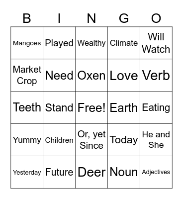 English Bingo Card