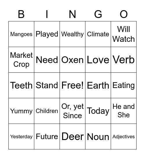 English Bingo Card