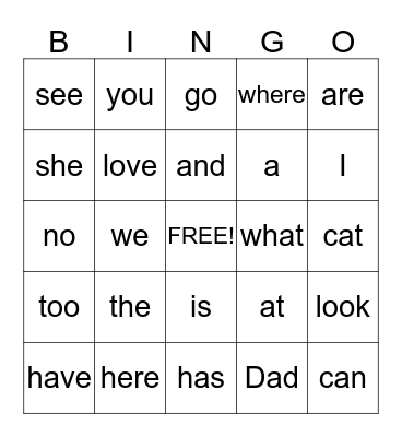 Popcorn Words Bingo Card