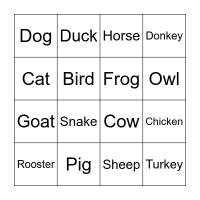 Farm Animal Bingo Card