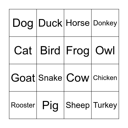 Farm Animal Bingo Card