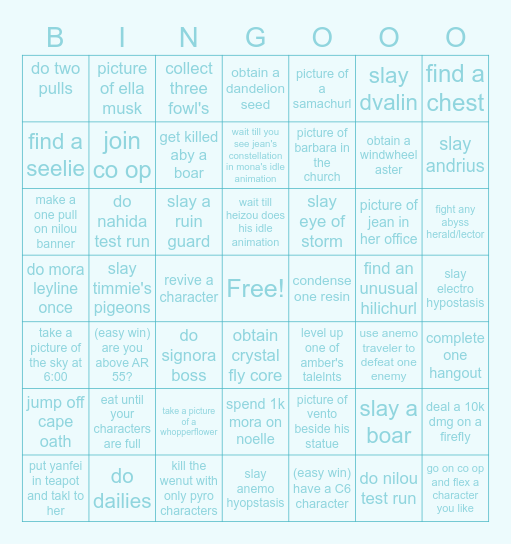 genshin bingooo Bingo Card