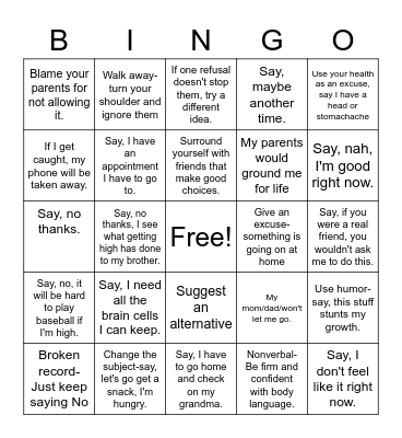 Ways to Say No Bingo Card