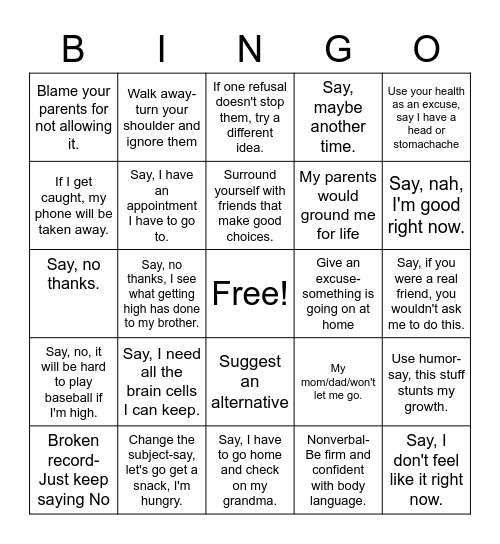 Ways to Say No Bingo Card