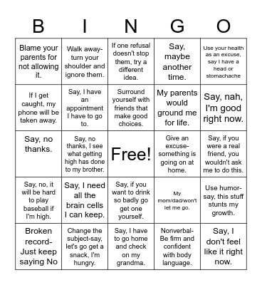 Ways to Say No Bingo Card