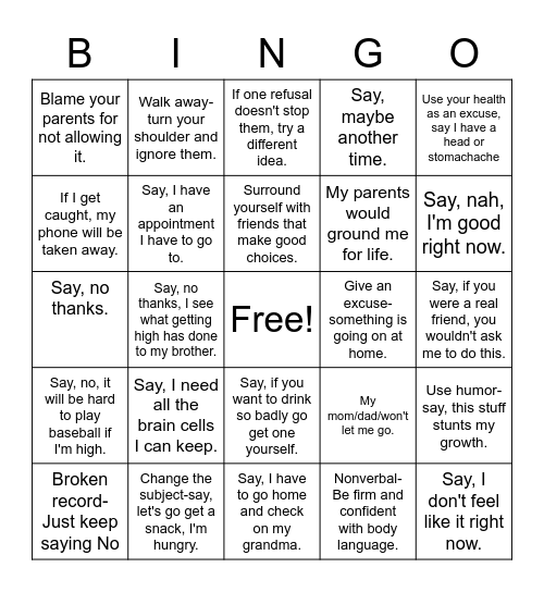 Ways to Say No Bingo Card